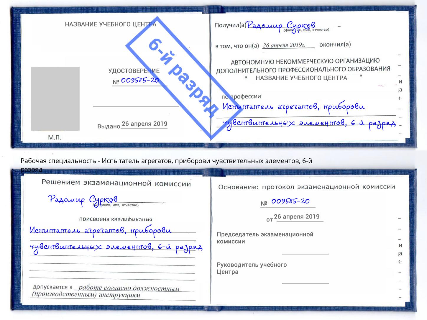 корочка 6-й разряд Испытатель агрегатов, приборови чувствительных элементов Уссурийск