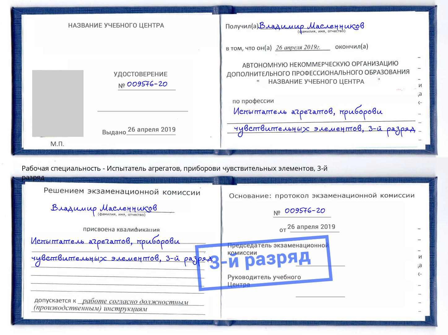 корочка 3-й разряд Испытатель агрегатов, приборови чувствительных элементов Уссурийск