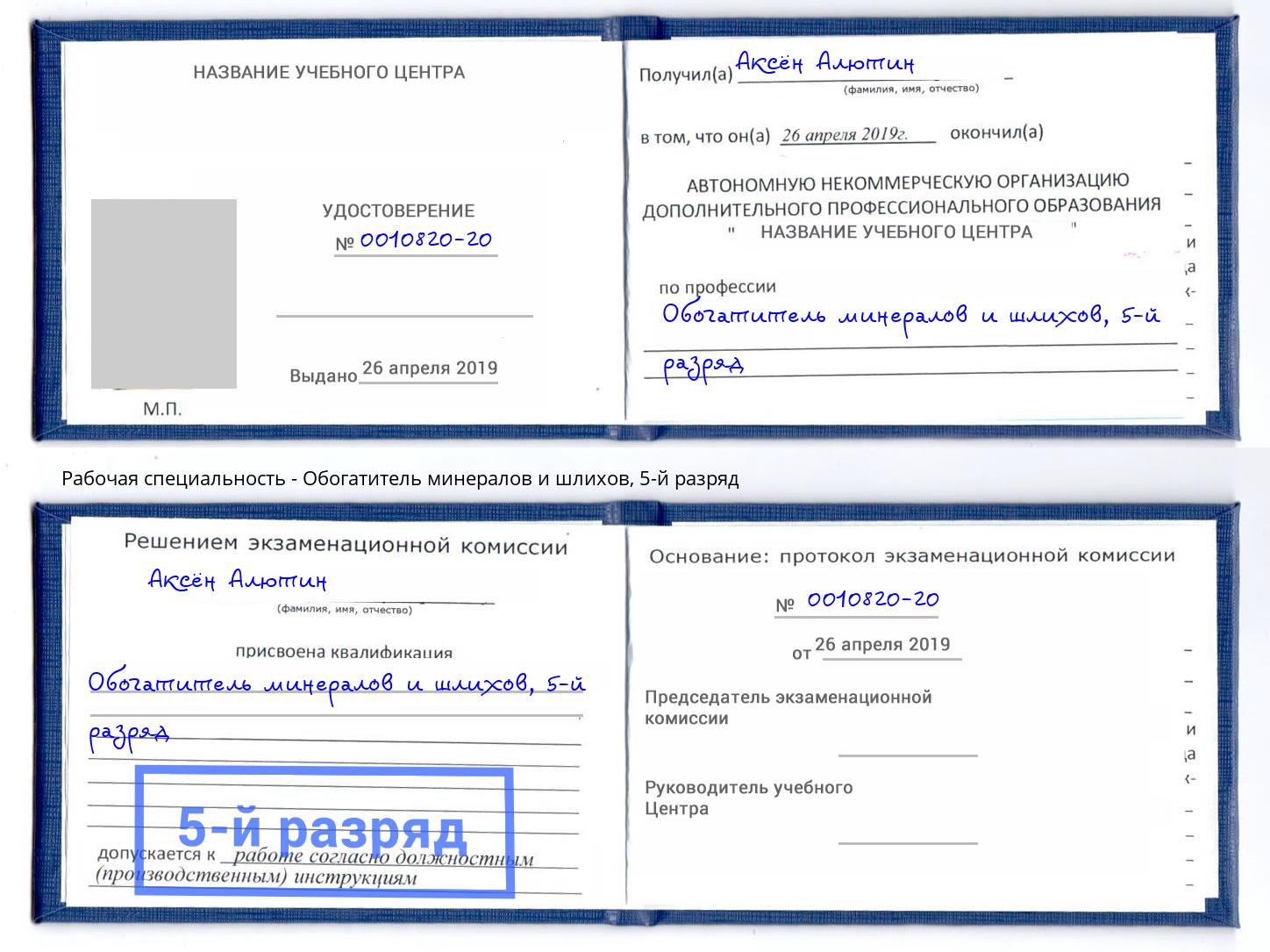 корочка 5-й разряд Обогатитель минералов и шлихов Уссурийск