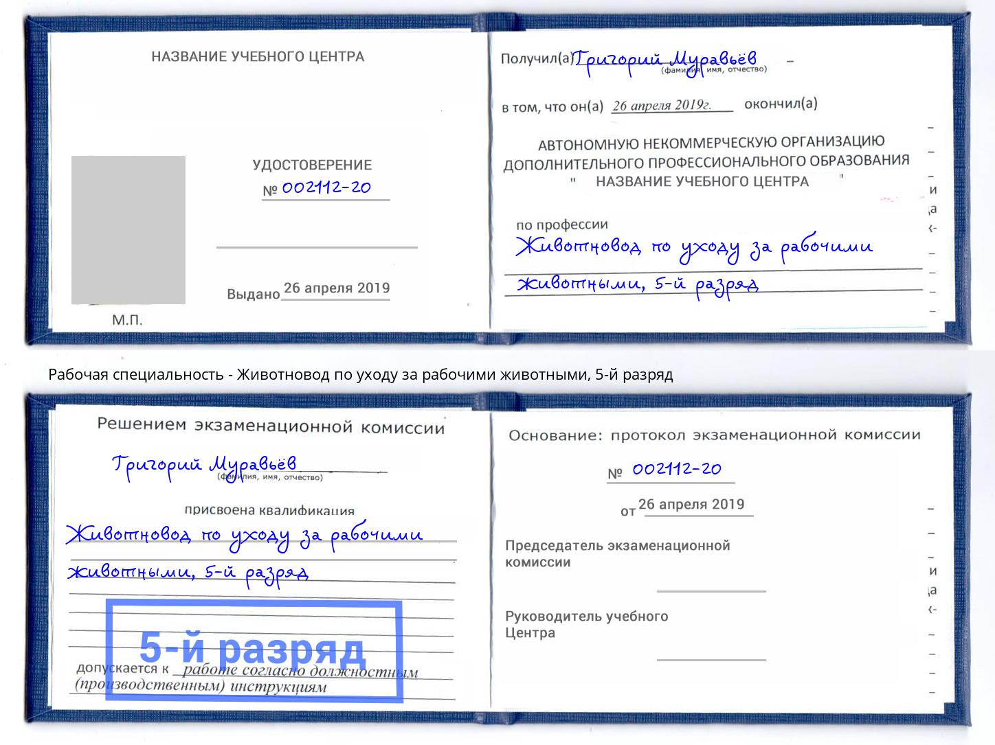 корочка 5-й разряд Животновод по уходу за рабочими животными Уссурийск