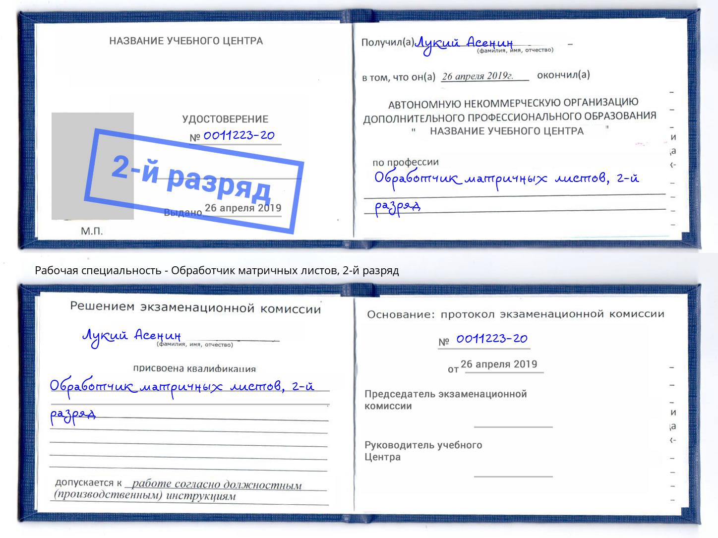 корочка 2-й разряд Обработчик матричных листов Уссурийск