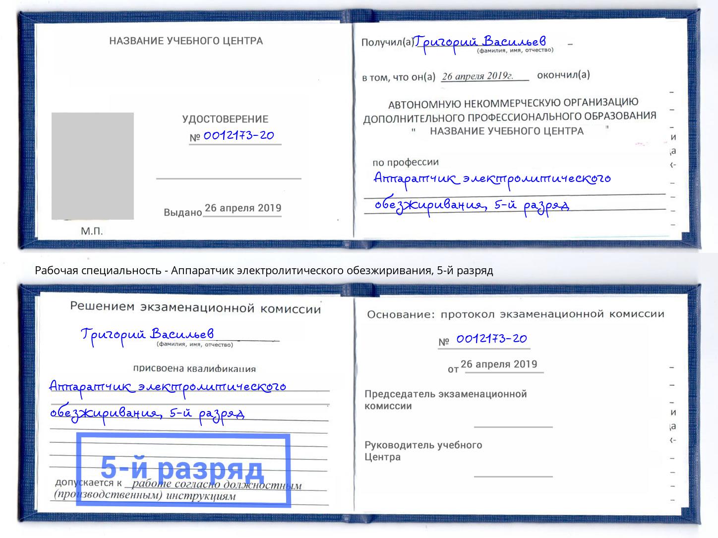 корочка 5-й разряд Аппаратчик электролитического обезжиривания Уссурийск